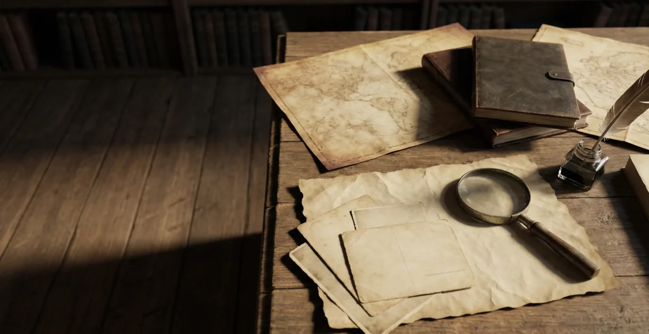Bureau d'écrivain avec documents d'archives et cartes anciennes étalés pour la recherche historique