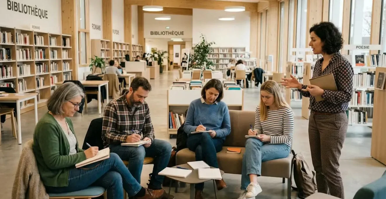 Participants d'un atelier d'écriture créative en cercle dans une médiathèque lumineuse