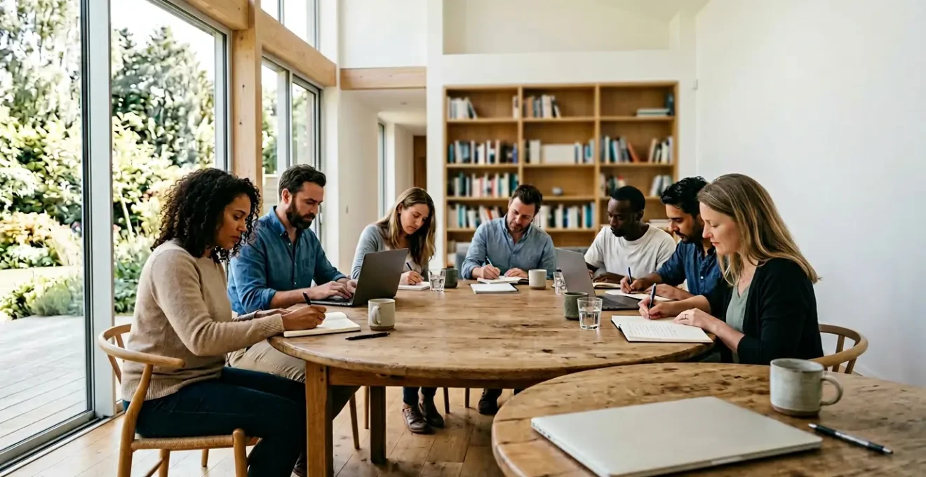 Salle d'atelier d'écriture lumineuse avec participants autour d'une table en bois et ordinateur portable ouvert montrant un cours en ligne