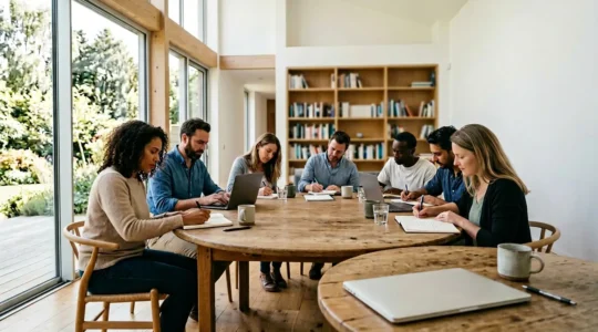 Salle d'atelier d'écriture lumineuse avec participants autour d'une table en bois et ordinateur portable ouvert montrant un cours en ligne