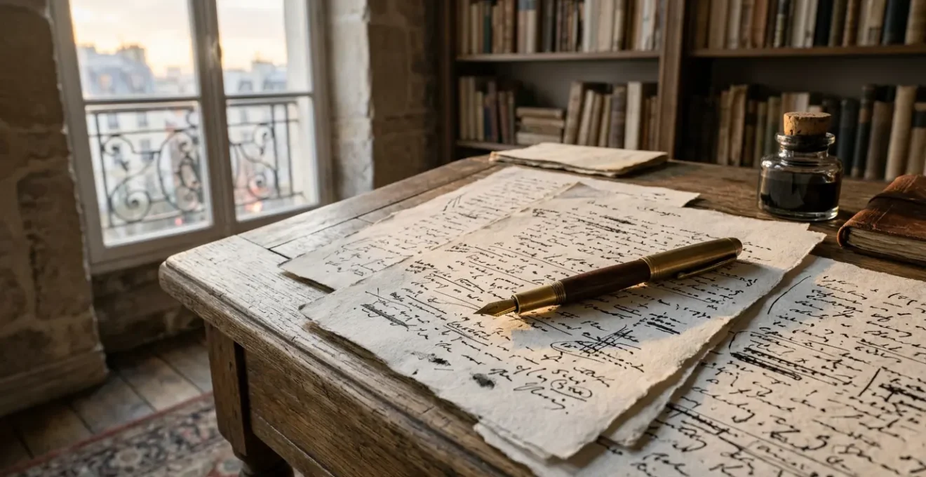 Manuscrit ouvert avec une plume d'oie posée délicatement sur des pages raturées dans une atmosphère intime et créative