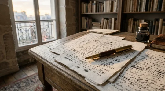 Manuscrit ouvert avec une plume d'oie posée délicatement sur des pages raturées dans une atmosphère intime et créative