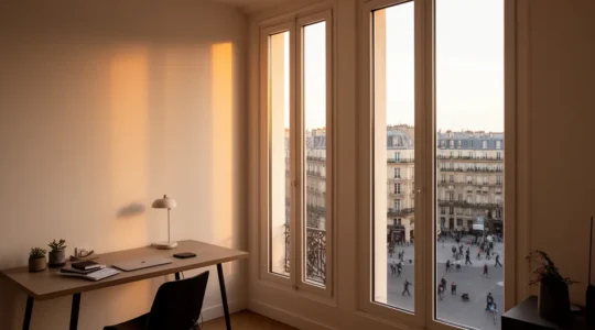 Un écrivain moderne dans son bureau avec vue sur Paris, entouré de livres anciens et d'un ordinateur portable, lumière matinale