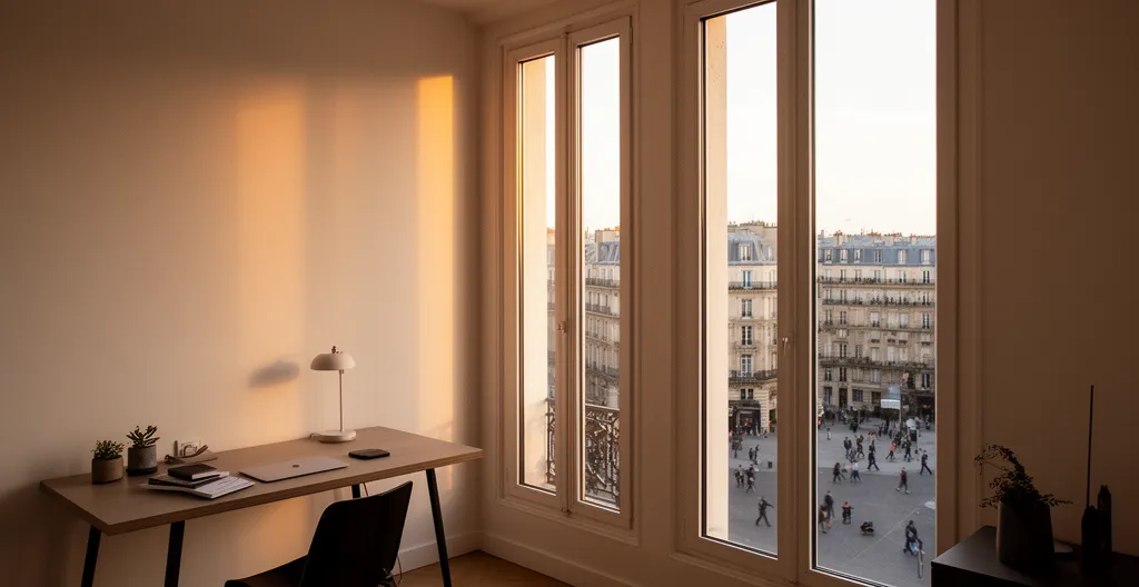 Un écrivain moderne dans son bureau avec vue sur Paris, entouré de livres anciens et d'un ordinateur portable, lumière matinale