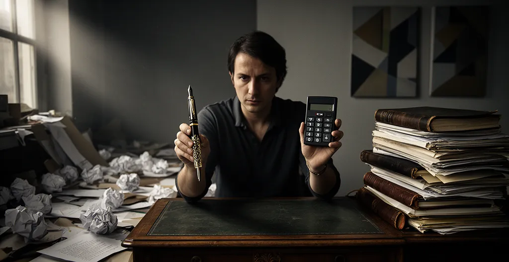 Écrivain contemplant deux chemins divergents représentant l'investissement dans un coaching littéraire pour son premier roman