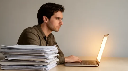 Un auteur contemple son manuscrit face aux plateformes d'édition en ligne dans un bureau créatif lumineux