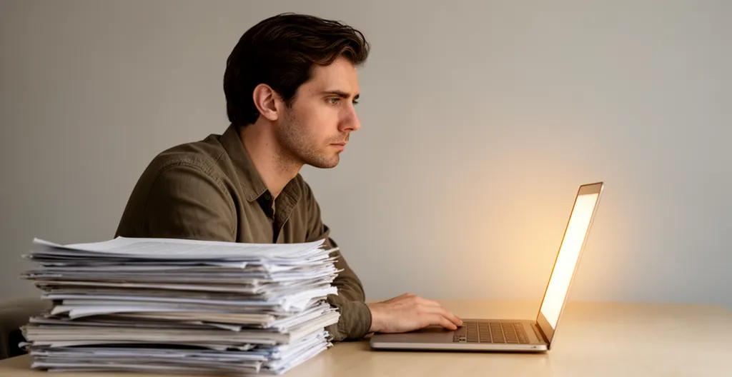 Un auteur contemple son manuscrit face aux plateformes d'édition en ligne dans un bureau créatif lumineux