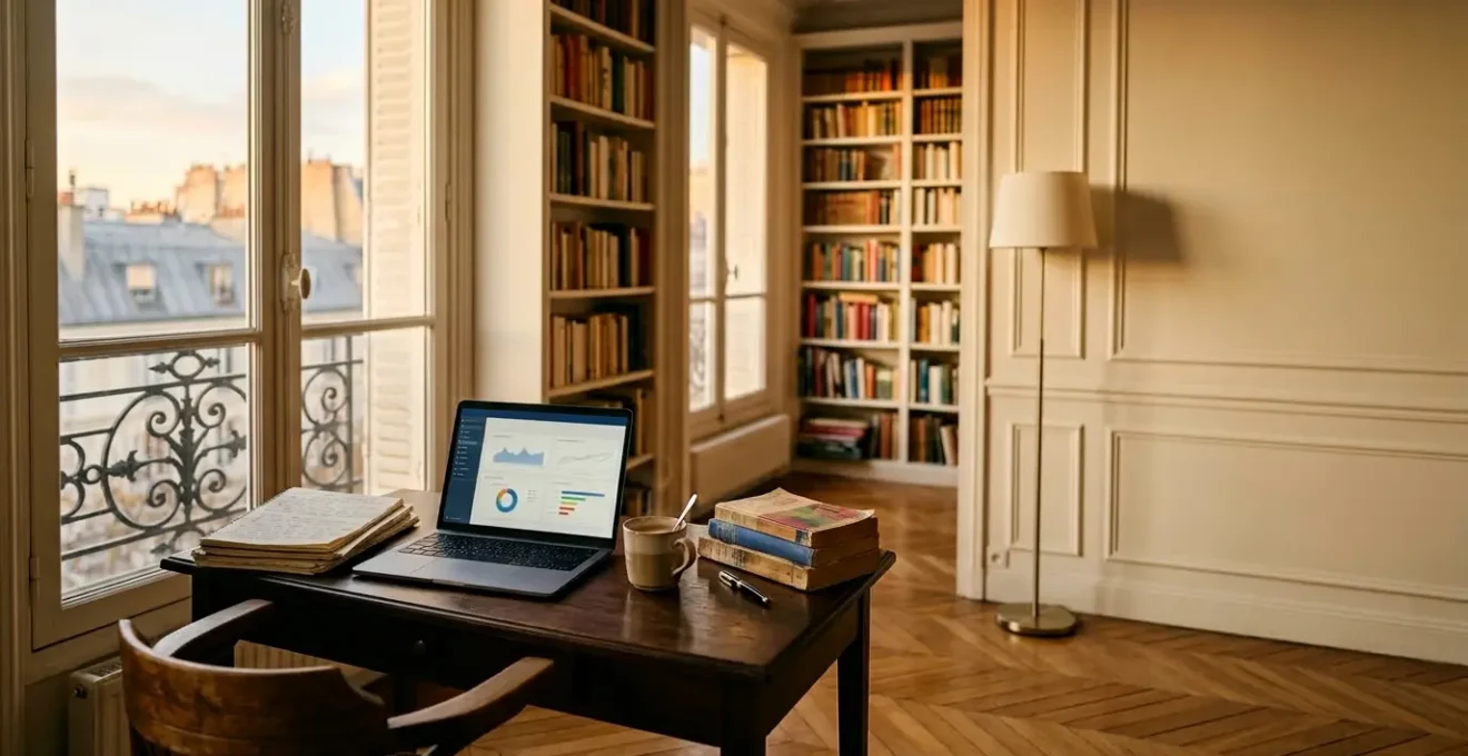 Espace de travail créatif d'un auteur indépendant avec manuscrits, ordinateur portable et librairie française en arrière-plan