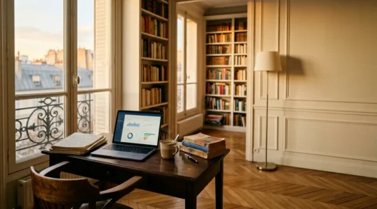 Espace de travail créatif d'un auteur indépendant avec manuscrits, ordinateur portable et librairie française en arrière-plan