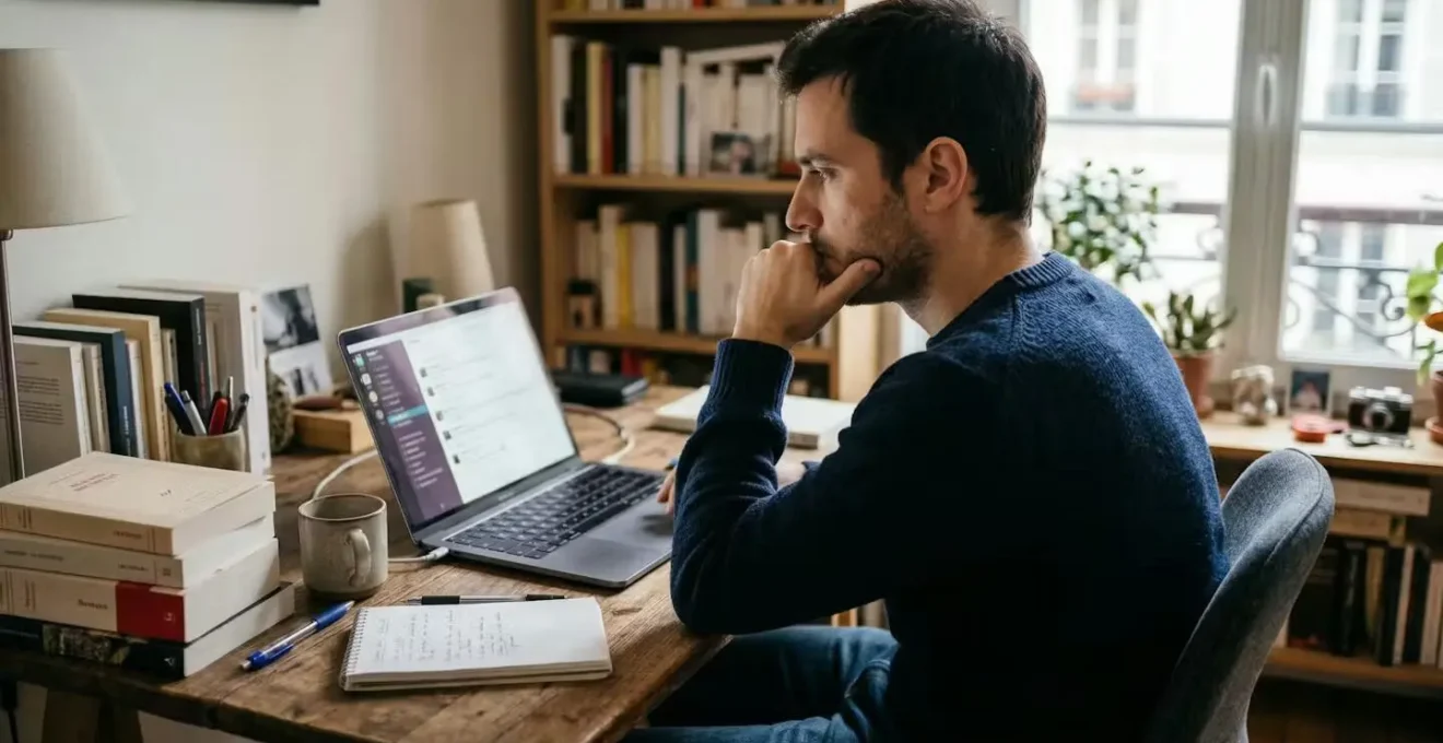 Auteur consultant pensivement une interface de chat IA sur son écran