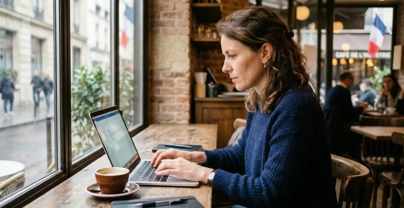 Auteure concentrée tapant sur son ordinateur portable dans un café parisien lumineux