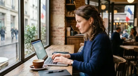 Auteure concentrée tapant sur son ordinateur portable dans un café parisien lumineux