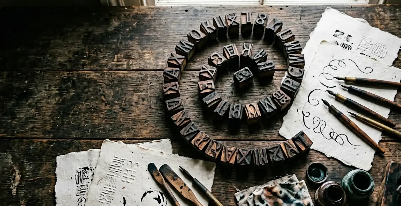 Composition artistique mêlant lettres manuscrites formant des courbes organiques sur papier texturé