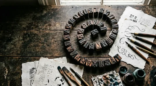 Composition artistique mêlant lettres manuscrites formant des courbes organiques sur papier texturé