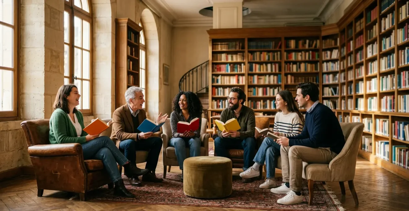 Groupe de personnes réunies autour d'une table ronde dans une bibliothèque chaleureuse, partageant leur passion pour la lecture