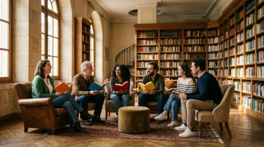 Groupe de personnes réunies autour d'une table ronde dans une bibliothèque chaleureuse, partageant leur passion pour la lecture