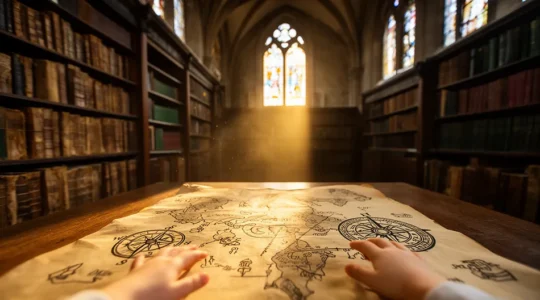Enfants explorant une carte au trésor avec symboles mystérieux dans une bibliothèque ancienne
