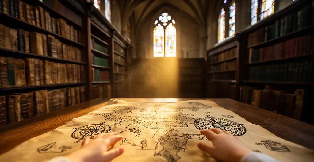 Enfants explorant une carte au trésor avec symboles mystérieux dans une bibliothèque ancienne