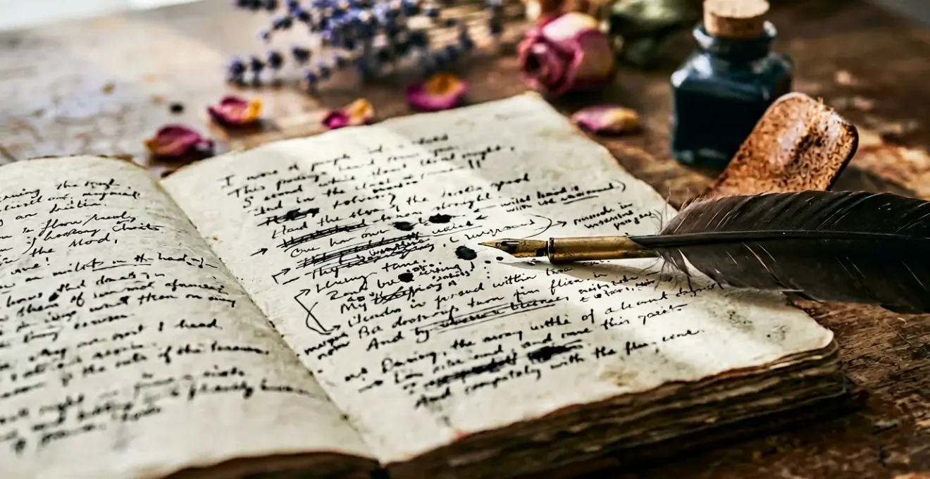 Plume d'oie posée sur un carnet ouvert avec des strophes manuscrites, éclairage naturel créant des ombres douces, évoquant la transformation de l'émotion brute en poésie structurée