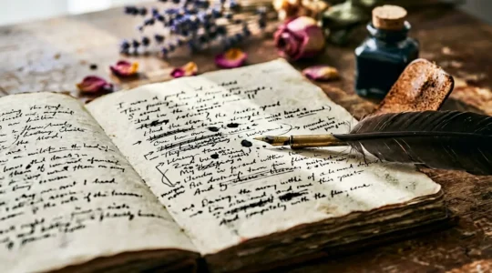 Plume d'oie posée sur un carnet ouvert avec des strophes manuscrites, éclairage naturel créant des ombres douces, évoquant la transformation de l'émotion brute en poésie structurée
