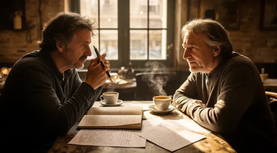 Deux amis écrivains échangent autour d'un manuscrit dans un cadre chaleureux de café littéraire