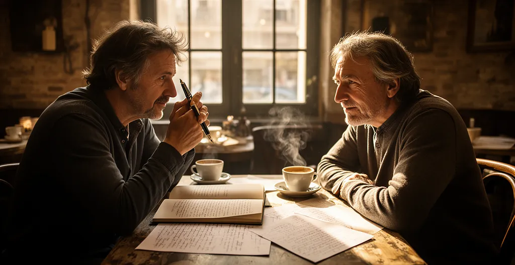 Deux amis écrivains échangent autour d'un manuscrit dans un cadre chaleureux de café littéraire