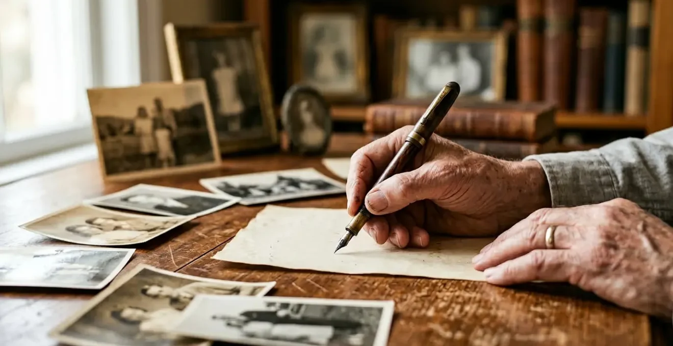 Scène intimiste d'écriture autobiographique avec photos de famille et manuscrit, éclairage naturel par une fenêtre