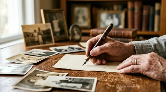 Scène intimiste d'écriture autobiographique avec photos de famille et manuscrit, éclairage naturel par une fenêtre