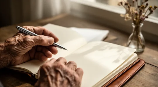 Mains tenant un journal intime dans une atmosphère apaisante avec lumière naturelle douce