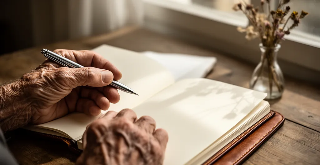 Mains tenant un journal intime dans une atmosphère apaisante avec lumière naturelle douce