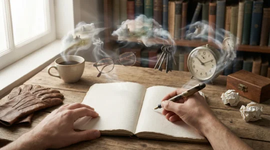 Un écrivain assis devant un carnet ouvert avec des objets du quotidien flottants autour suggérant l'imagination