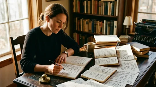 Un écrivain en pleine réflexion devant un carnet ouvert avec des notes de structure narrative, éclairage chaleureux d'un bureau d'auteur