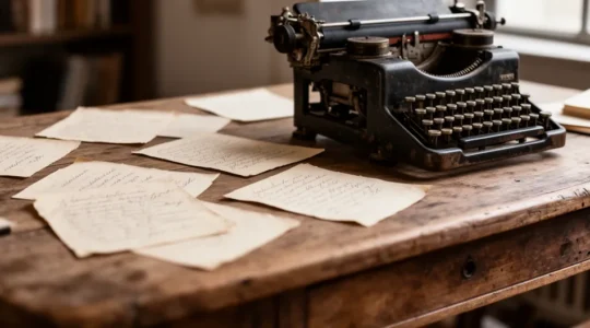 Un écrivain entouré de notes manuscrites, de cartes d'investigation et de fils rouges reliant des indices sur un mur, dans une ambiance de création littéraire