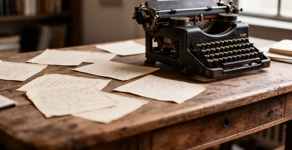 Un écrivain entouré de notes manuscrites, de cartes d'investigation et de fils rouges reliant des indices sur un mur, dans une ambiance de création littéraire