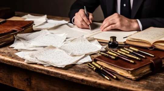 Un écrivain concentré à son bureau entouré de manuscrits et cahiers, éclairé par une lumière dorée de fin d'après-midi