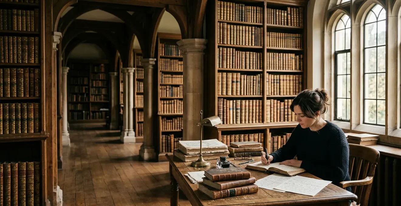 Un écrivain consultant des manuscrits historiques dans une bibliothèque ancienne avec des notes d'écriture