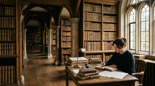 Un écrivain consultant des manuscrits historiques dans une bibliothèque ancienne avec des notes d'écriture