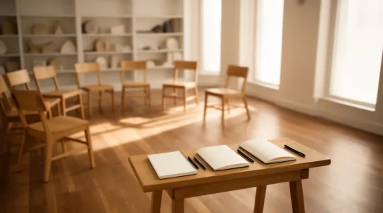 Cercle d'écrivains dans un atelier de lecture, atmosphère bienveillante et protégée