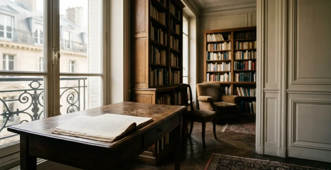 Éditeur examinant attentivement un manuscrit dans un bureau parisien traditionnel baigné de lumière naturelle