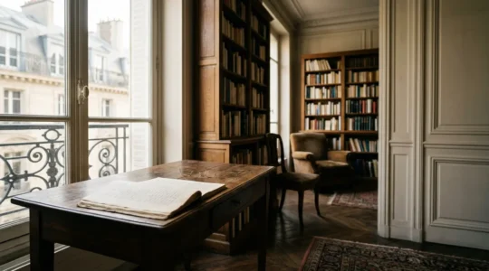 Éditeur examinant attentivement un manuscrit dans un bureau parisien traditionnel baigné de lumière naturelle