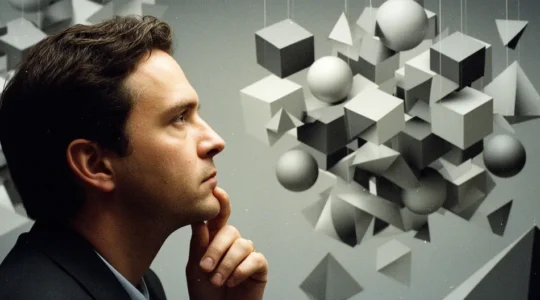 Composition visuelle montrant une personne contemplant des formes géométriques ambiguës dans un environnement moderne