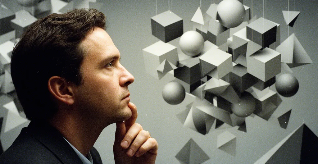 Composition visuelle montrant une personne contemplant des formes géométriques ambiguës dans un environnement moderne