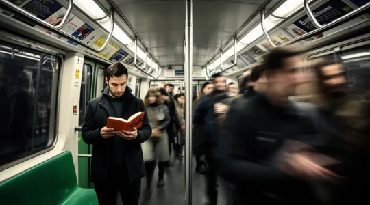 Lecteur absorbé dans un livre dans une rame de métro bondée avec effet de flou cinétique en arrière-plan