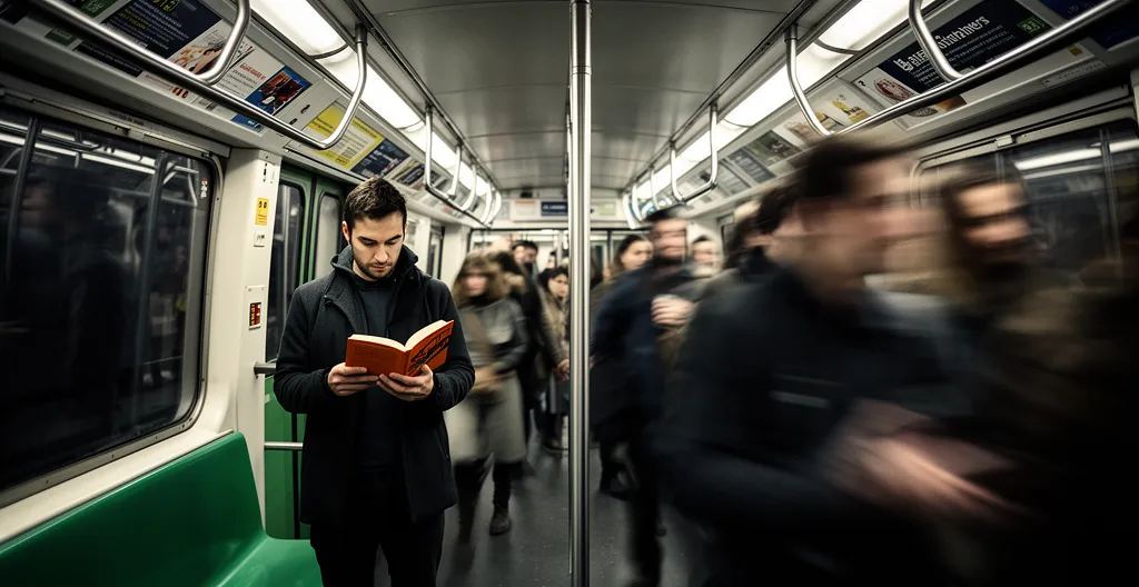 Lecteur absorbé dans un livre dans une rame de métro bondée avec effet de flou cinétique en arrière-plan