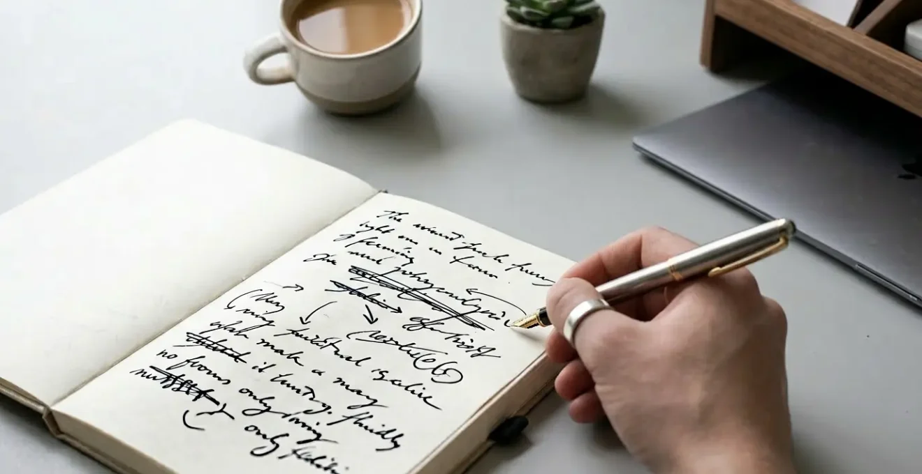 Main tenant un stylo plume au-dessus d'un manuscrit en cours de révision avec des ratures créatives