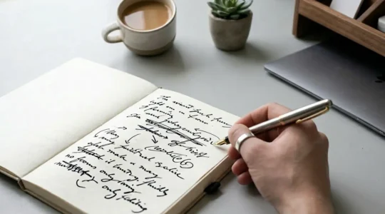 Main tenant un stylo plume au-dessus d'un manuscrit en cours de révision avec des ratures créatives