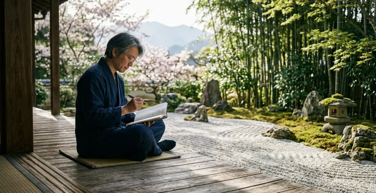 Écrivain contemplant la nature avec carnet et stylo dans un jardin zen
