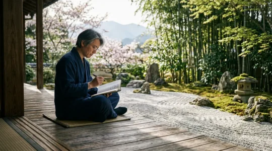 Écrivain contemplant la nature avec carnet et stylo dans un jardin zen