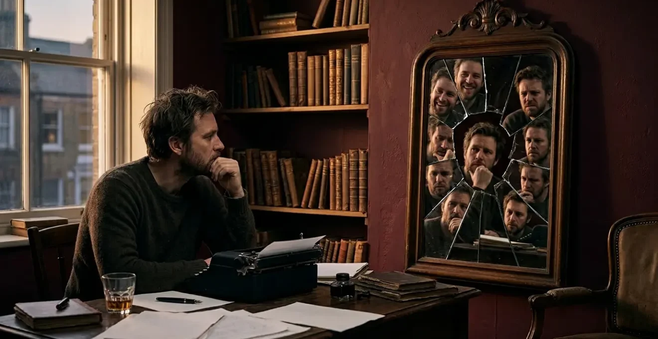 Un écrivain face à son reflet fragmenté dans un miroir brisé, symbolisant les multiples facettes psychologiques d'un personnage