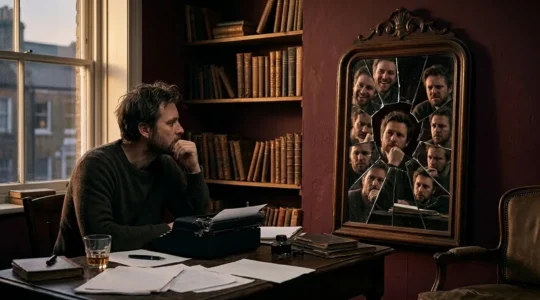 Un écrivain face à son reflet fragmenté dans un miroir brisé, symbolisant les multiples facettes psychologiques d'un personnage